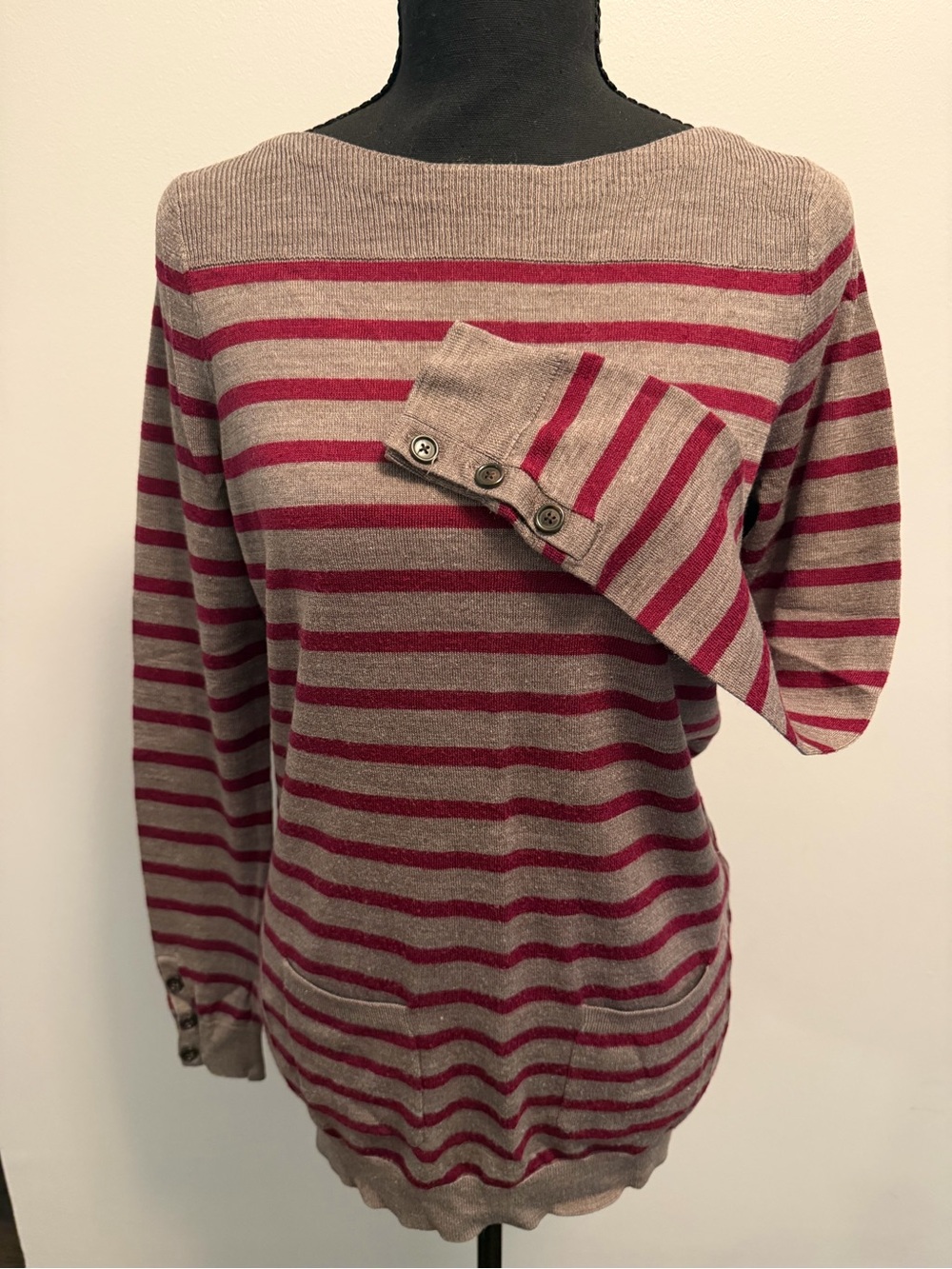 LOFT Taupe and Burgundy Striped Crewneck Sweater